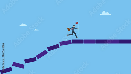 Businessman jumping on collapse bridge to reach target. Survive and success in crisis, taking risk to thrive and succeed, courage or confidence to achieve target, effort to overcome challenge.