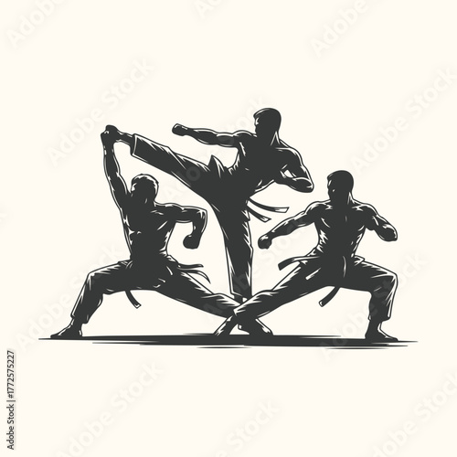 Three martial artists in dynamic poses, showcasing karate or taekwondo techniques with kicks and stances