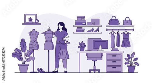 Fashion designer curating stylish outfits in a modern atelier, creating chic ensembles with flair and precision