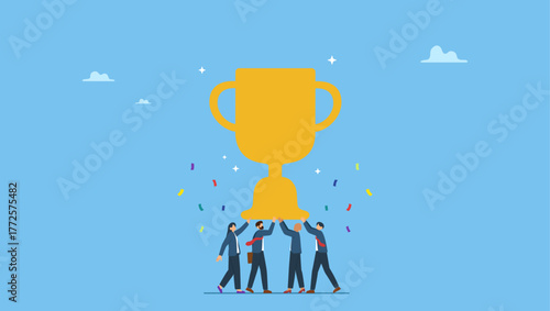 Diverse business people colleague celebrate award winning trophy together. Team success achievement, winning trophy award together, celebrate team effort collaboration, teamwork motivation, ambition.