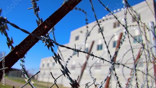 Barbed wire detail in focus, against blurred prison building, for representing security