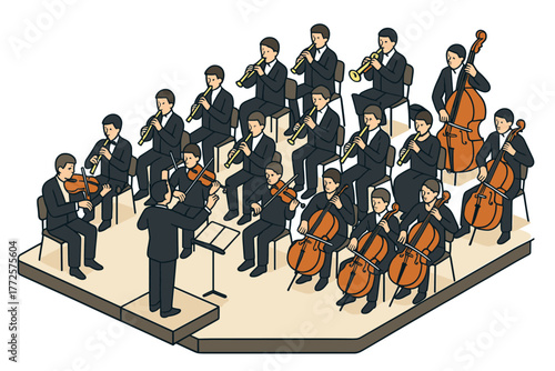 Isometric orchestra performance with conductor and classical musicians on stage