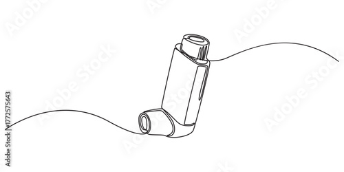 Single one line drawing an inhaler. Medical equipment concept. Continuous line draw design graphic vector illustration, Inhaler for asthmatics, salbutamol, Asthma inhaler, medical supplies, equipment.