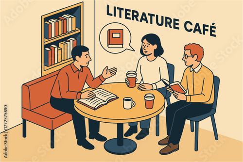 Cozy literature café gathering with friends sharing books and coffee in a minimalist style