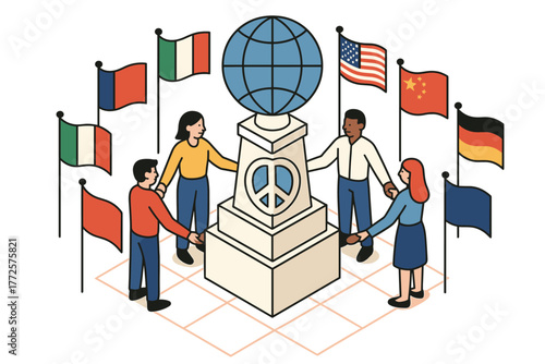 Diverse team holding hands around peace monument with global flags isometric artwork