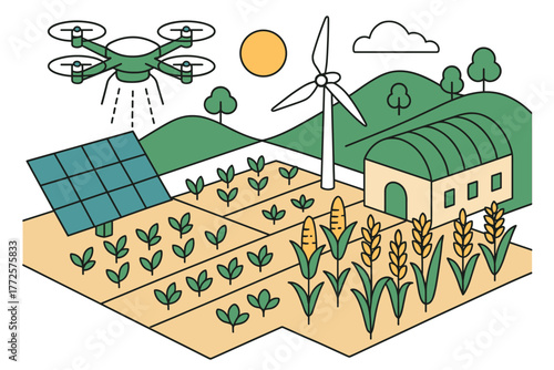 Modern sustainable agriculture with drone and renewable energy in a linear farm design