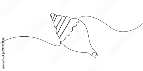 One continuous single-line drawing of a seashell. One-line art of beauty product pearl minimalist, Pearl in a seashell one line art drawing, Continuous abstract one line drawing of sea shell icon.
