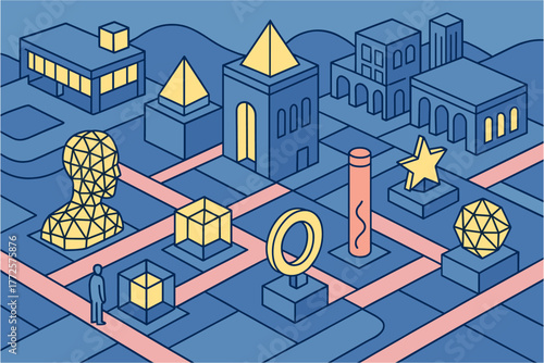 Geometric urban landscape with monuments in isometric style