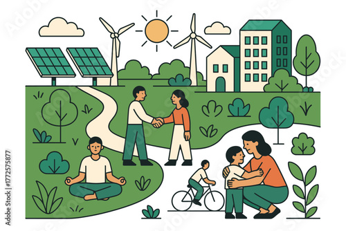 Sustainable living: green energy and community harmony in flat design