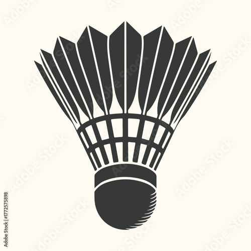 A black and white silhouette of a badminton shuttlecock, isolated on a light cream background