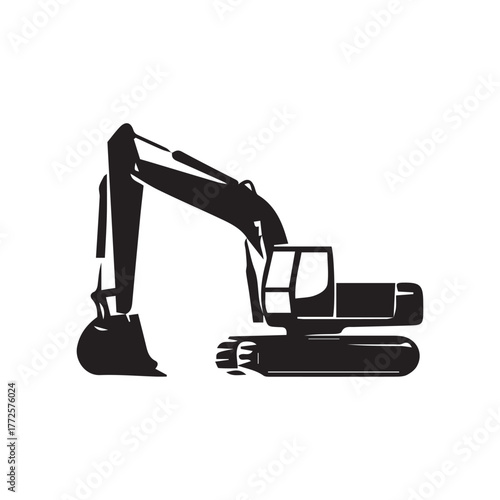 Silhouette illustration of a heavy construction excavator with a bucket, boom, and cab, isolated on a white background.