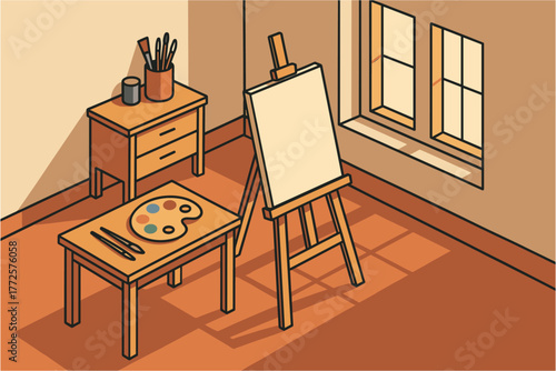 Cozy art studio with easel and palette in isometric sunlit room design