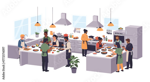 Diverse group of people happily cooking together in a bright, modern kitchen class, learning new culinary skills and enjoying shared activity