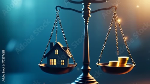 Balancing Act - House vs. Money on Scales of Justice.
