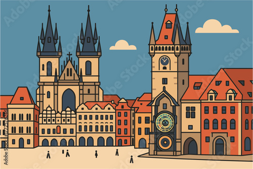 Historic prague cityscape with iconic prague astronomical clock and gothic architecture in flat design
