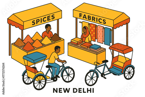 New delhi market scene with spice and fabric stalls and bicycle rickshaws in flat isometric style