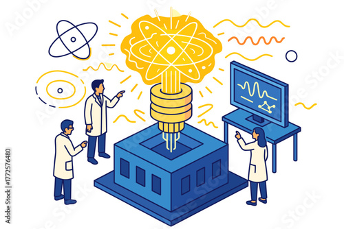 Scientists examine quantum fusion reactor in isometric lab setting