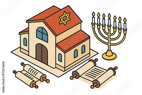 Isometric synagogue with torah scrolls and menorah iconography in modern colorful design