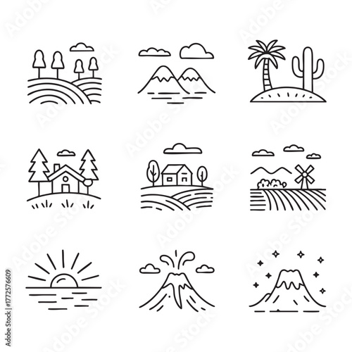 Collection of nine simple black line art icons depicting landscapes and natural elements