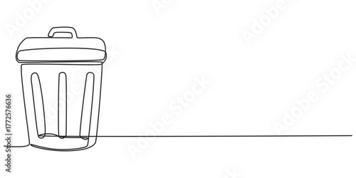 Recycling Bin continuous one line drawing illustration. One line drawing trash bin clean environment vector, One continuous line drawing of garbage container. Trash can, dustbin, recycle concept.