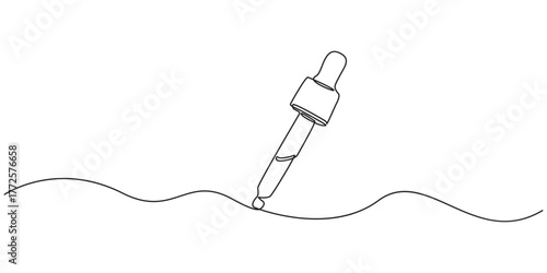 dropper continuous one line drawing, Continuous one line drawing of cosmetic serum bottle. One line drawing illustration of serum dropper bottle. International beauty day, Skincare concept line art.