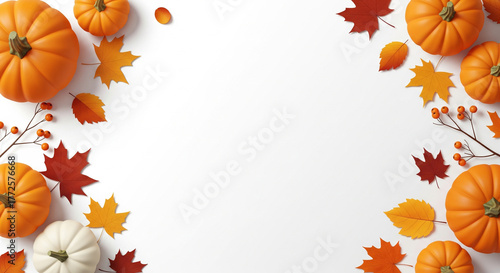 Autumn Harvest Pumpkins and Fall Leaves Border on White Background