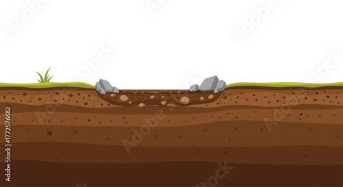 Rich layers of earth and soil, revealing geological structure with embedded rocks and grassy surface