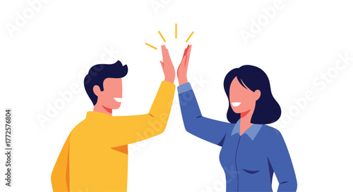 Dynamic duo celebrating success with a high five, conveying teamwork, achievement, and positive collaboration in a bright, modern style