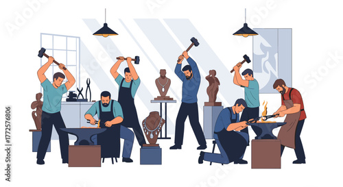 Skilled artisans meticulously craft exquisite jewelry and sculptures in a bustling, sunlit workshop, showcasing dedication and artistry