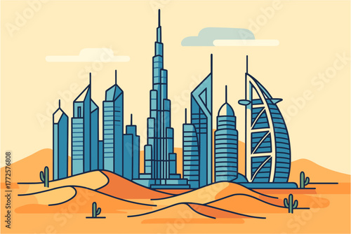 Futuristic urban skyline in desert landscape with modern buildings