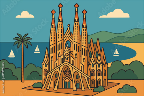 Colorful flat design of sagrada familia with beach and palms