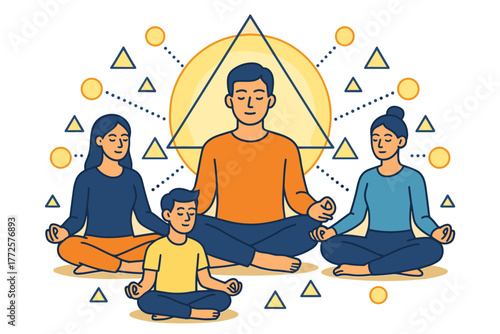 Family meditation session with geometric elements in modern linear art style