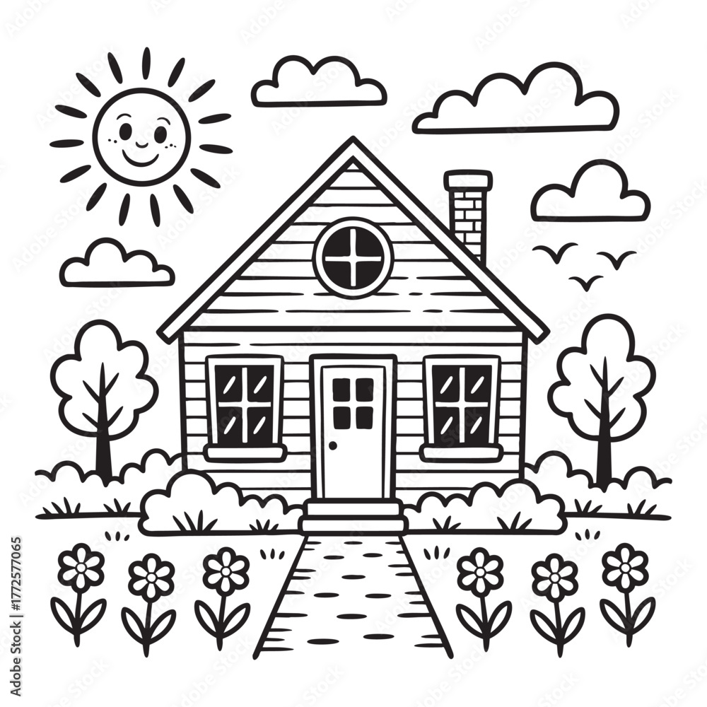 Fototapeta premium Hand drawn cartoon sun house with trees and flowers on white background home building