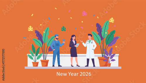 Celebrating diverse professions doctor worker and executive for New Year 2026
