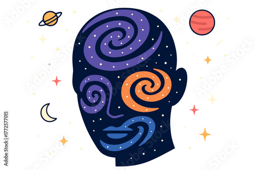 Surreal cosmic face with celestial elements in flat design