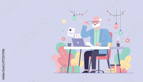 Senior man works on a laptop at a festive desk balancing business and holiday cheer