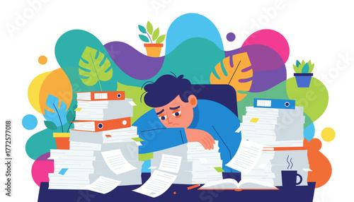 Overworked employee stressed by huge piles of paperwork and deadlines