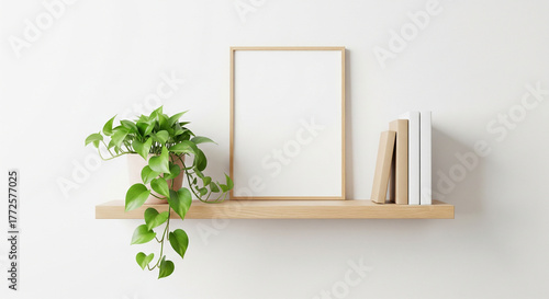 Blank Wooden Frame Mockup with Potted Plant and Books on Shelf Against White Wall