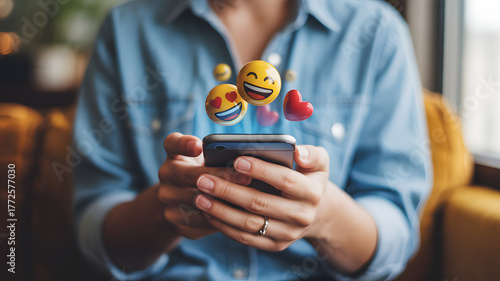 Engaging mobile phone interactions with dynamic emojis expressing love and joy, perfect for social media marketing and online communication strategies