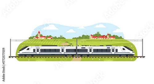 Sleek modern high speed train glides through picturesque countryside with charming village in background
