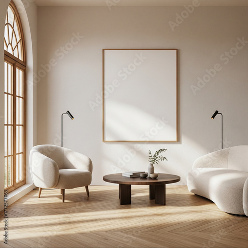 Modern Living Room with Arch Window, Sofa, Armchair, Coffee Table, and Blank Frame