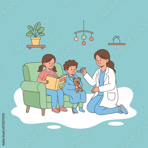 Pediatrician treating sick boy at home Sister reads nearby Childhood healthcare support