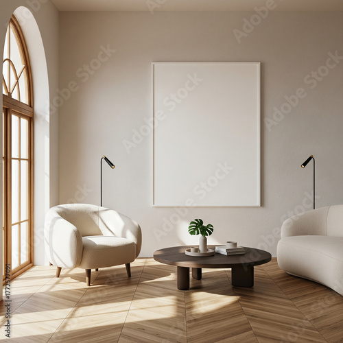 Modern Living Room Interior with Arch Window and Minimalist Furniture