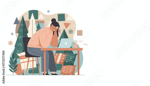 Sad woman with holiday burnout working remotely on her laptop in a cozy stressful winter setting
