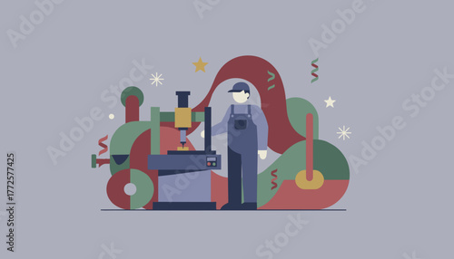 Minimalist illustration of a skilled worker operating a precision manufacturing machine Industrial celebration