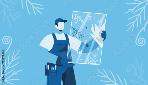 Glazier holding a cracked window pane with frost Winter service glass repair and replacement