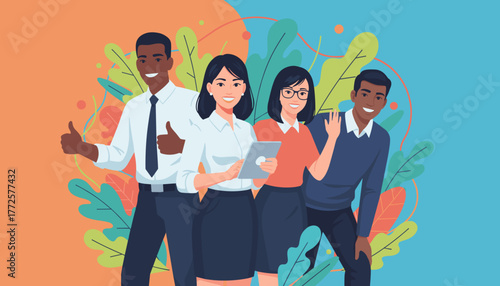 Smiling diverse business team shows collaboration and success in a colorful vector illustration