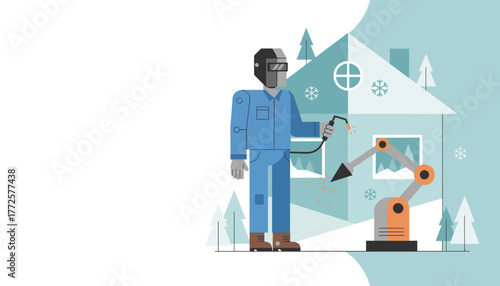 Industrial worker and robot arm welding near a stylized house in winter Automation concept