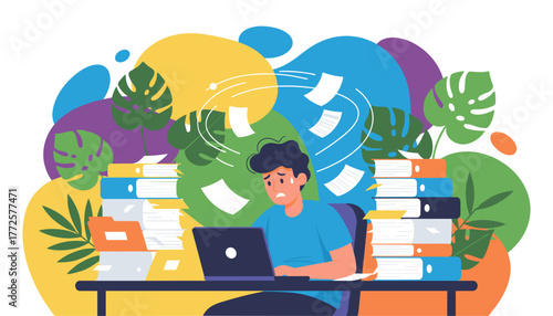 Stressed worker overwhelmed by excessive paperwork and tight deadlines Business burnout concept