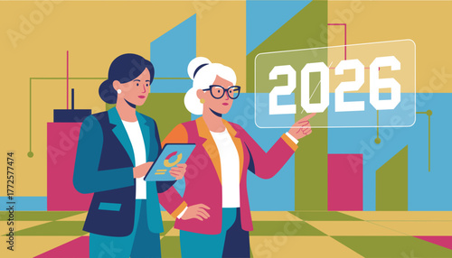 Business leaders analyze data and future goals touching 2026 projection screen